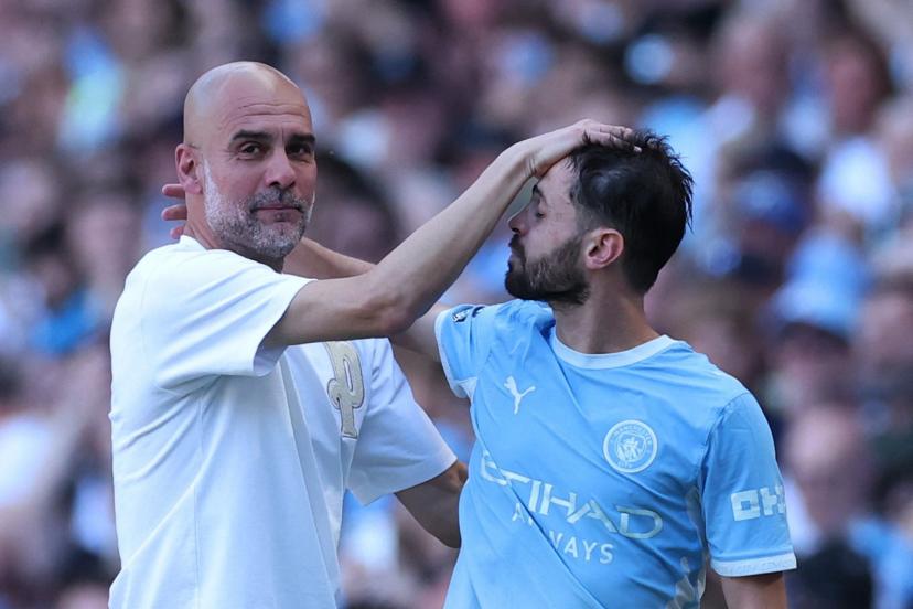 Pep Guardiola showing visible emotion as Bernardo Silva is substituted