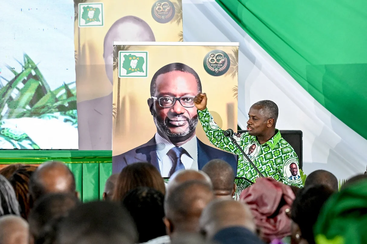 Calice Yapo Yapo, the PDCI's executive secretary, speaking at the party's 80th anniversary event on April 9, 2026, in Abidjan.