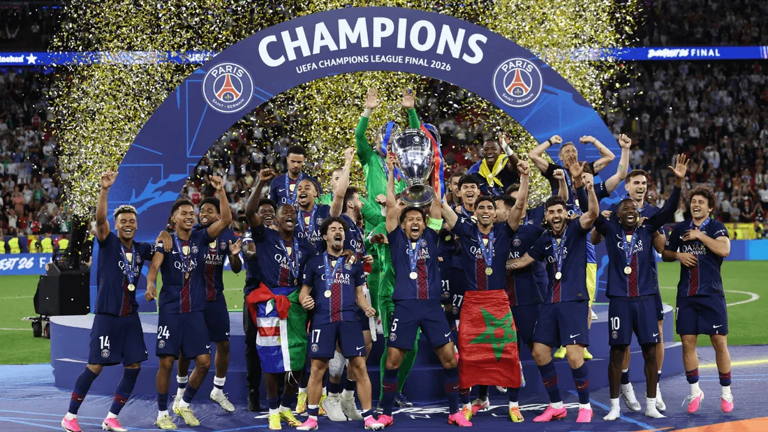 PSG players lift the Champions League trophy for the second straight year.