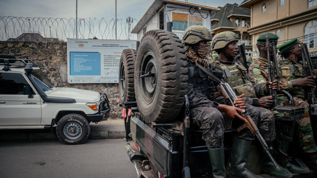 AFC/M23 soldiers patrol near the Rodolphe Mérieux laboratory at the National Institute of Biomedical Research (INRB) in Goma, May 19, 2026.