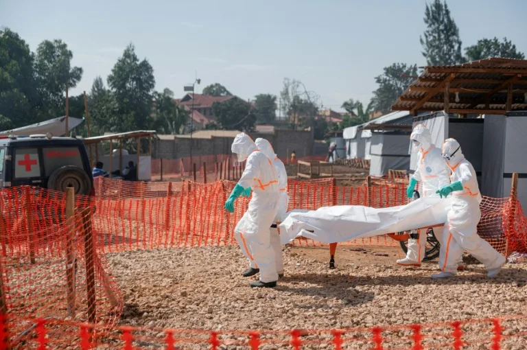 Health workers in protective gear responding to Ebola outbreak in Democratic Republic of Congo